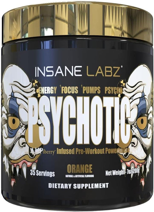 Insane Labz Psychotic Gold Pre Workout Powder - High Stimulant Formula for Lasting Energy, Focus, Pumps, and Endurance - Contains Beta Alanine, DMAE Bitartrate, and NO Booster - Orange Flavor - 35 Servings