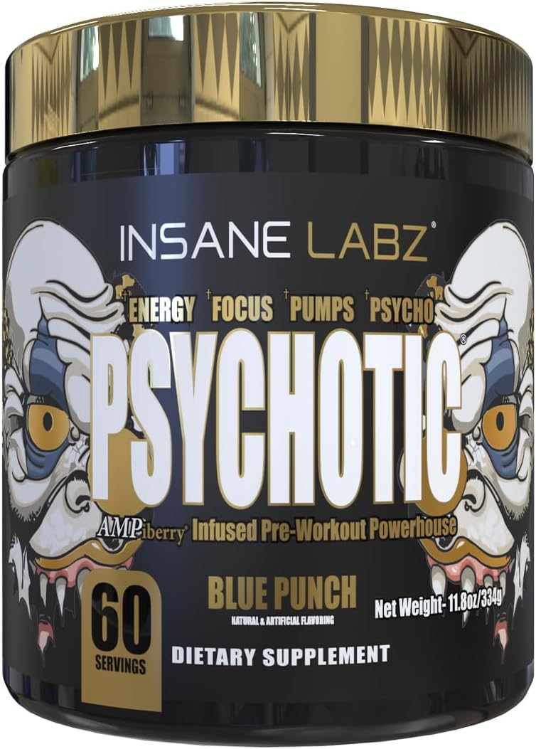 Insane Labz Psychotic Gold Pre Workout Powder - High Stimulant Energy, Focus, Pumps, Endurance - Beta Alanine, DMAE Bitartrate, NO Booster - 60 Servings Blue Punch