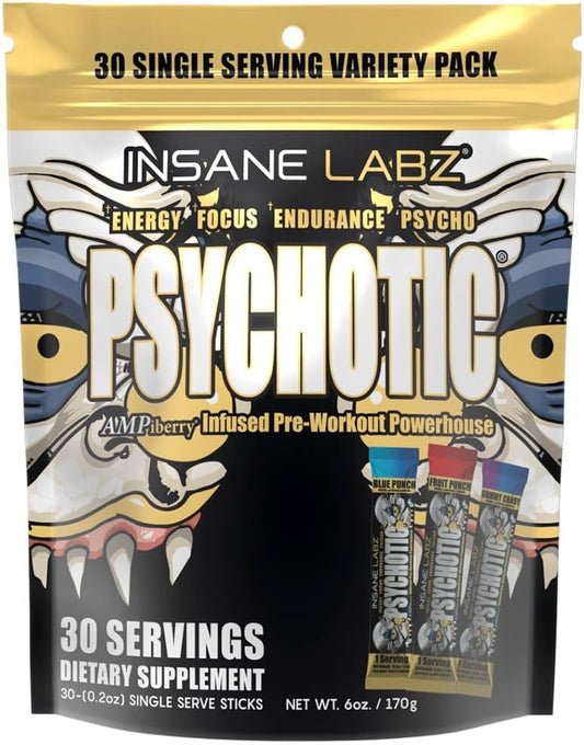 Insane Labz Psychotic Gold Pre Workout Powder - High Stimulant Formula for Extreme Energy, Focus, Pump, and Endurance - 30 Servings Variety Pack