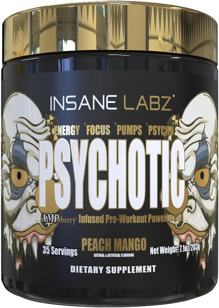 Insane Labz Psychotic Gold Pre Workout Powder - High Stimulant, Long-Lasting Energy, Endurance Boost with Beta Alanine, DMAE Bitartrate, NO Booster - Peach Mango Flavor (35 Servings)