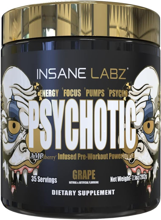 Insane Labz Psychotic Gold Pre-Workout Powder - High Stimulant for Lasting Energy, Focus, Pumps, Endurance - Beta Alanine, DMAE, NO Booster - 35 Servings, Grape Flavor
