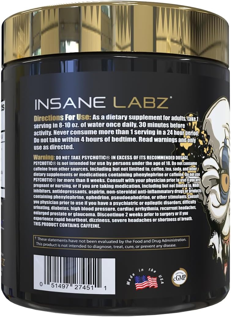 Insane Labz Psychotic Gold Pre Workout Powder - High Stimulant Energy Focus, Pump, Endurance - Beta Alanine, DMAE, NO Booster - Watermelon Flavor (35 Servings)