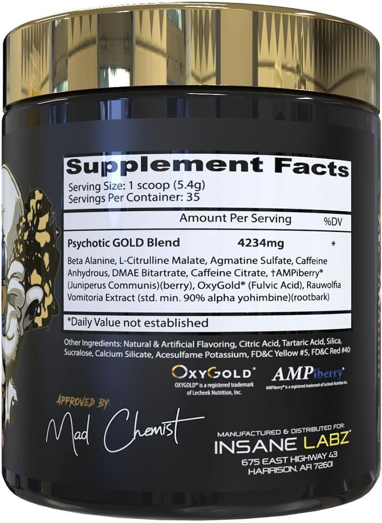 Insane Labz Psychotic Gold Pre Workout Powder - High Stimulant Formula for Lasting Energy, Focus, Pumps, and Endurance - Contains Beta Alanine, DMAE Bitartrate, and NO Booster - Orange Flavor - 35 Servings