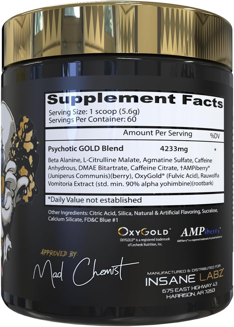 Insane Labz Psychotic Gold Pre Workout Powder - High Stimulant Energy, Focus, Pumps, Endurance - Beta Alanine, DMAE Bitartrate, NO Booster - 60 Servings Blue Punch