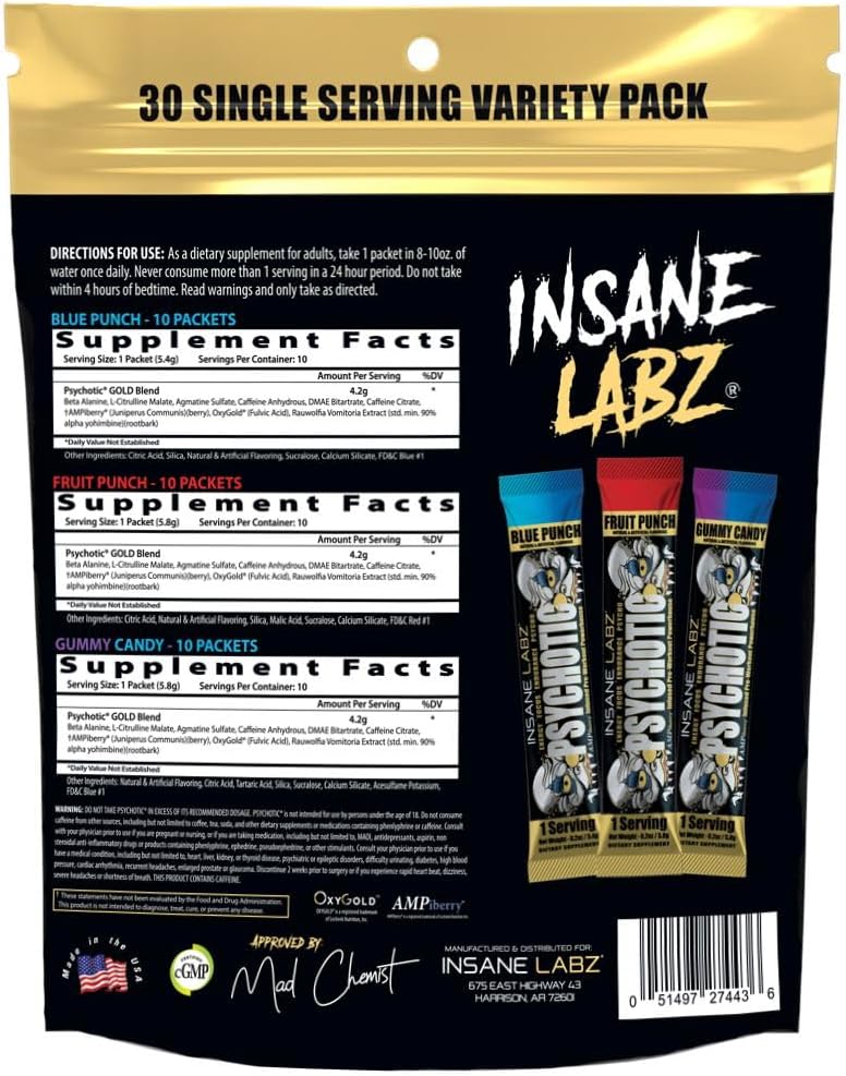 Insane Labz Psychotic Gold Pre Workout Powder - High Stimulant Formula for Extreme Energy, Focus, Pump, and Endurance - 30 Servings Variety Pack