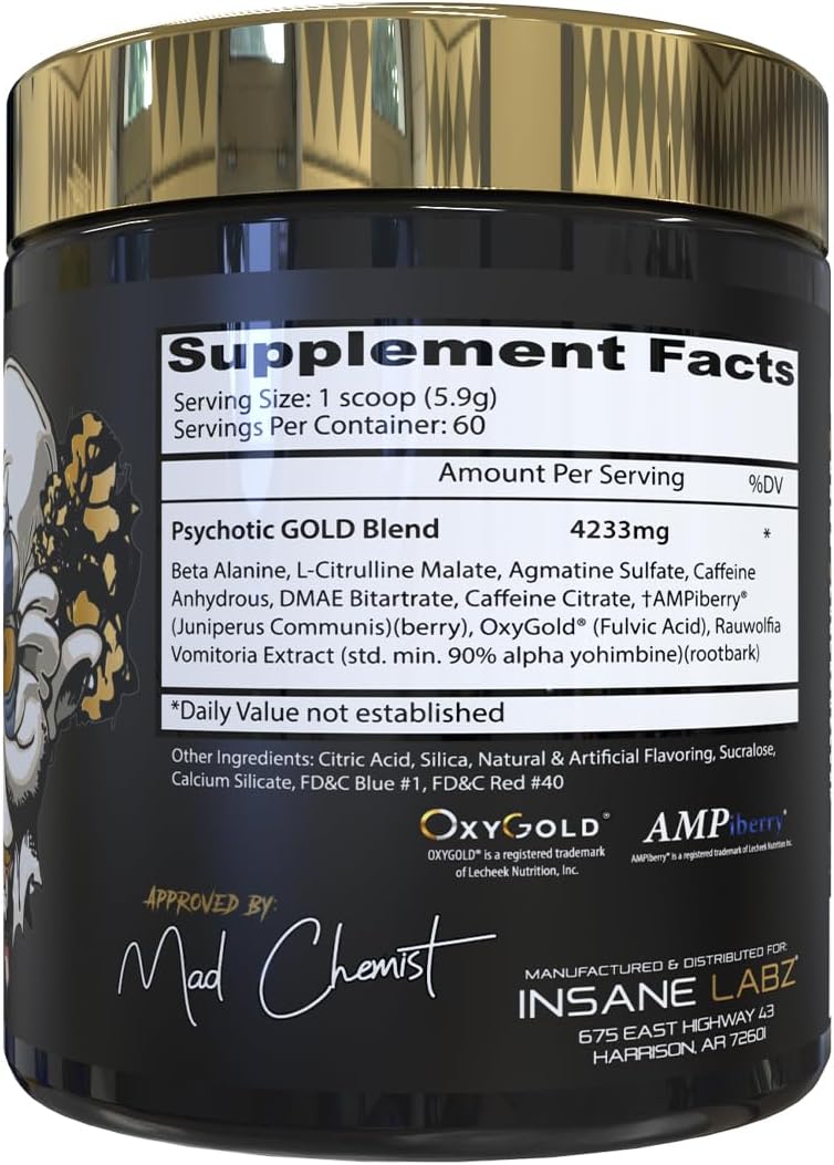 Insane Labz Psychotic Gold Pre Workout Powder - High Stimulant, Long-Lasting Energy, Pumps, Endurance - Beta Alanine, DMAE Bitartrate, NO Booster - 35 Servings, Blue Punch