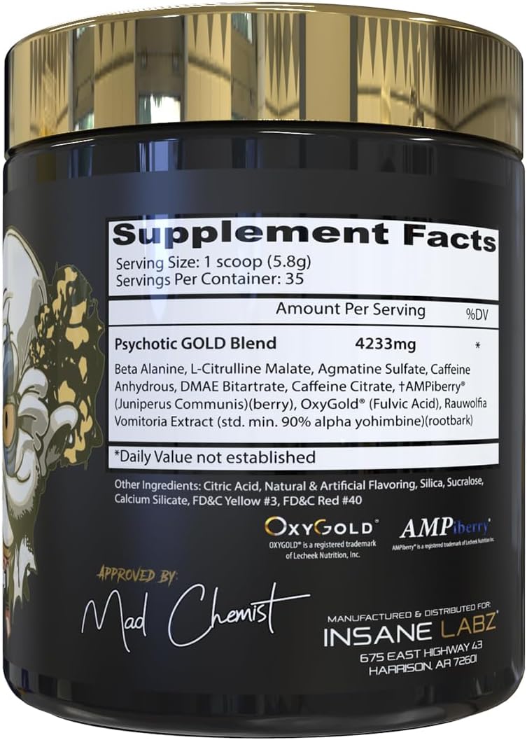 Insane Labz Psychotic Gold Pre Workout Powder - High Stimulant, Long-Lasting Energy, Endurance Boost with Beta Alanine, DMAE Bitartrate, NO Booster - Peach Mango Flavor (35 Servings)