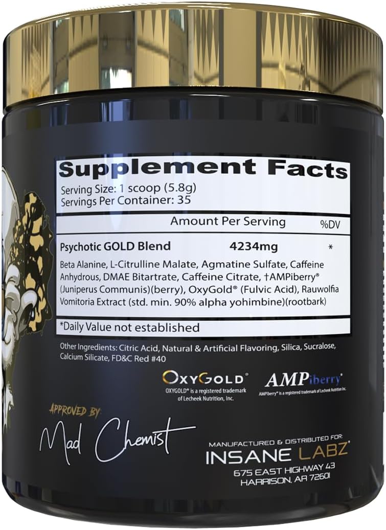 Insane Labz Psychotic Gold Pre Workout Powder - High Stimulant Energy Focus, Pump, Endurance - Beta Alanine, DMAE, NO Booster - Watermelon Flavor (35 Servings)