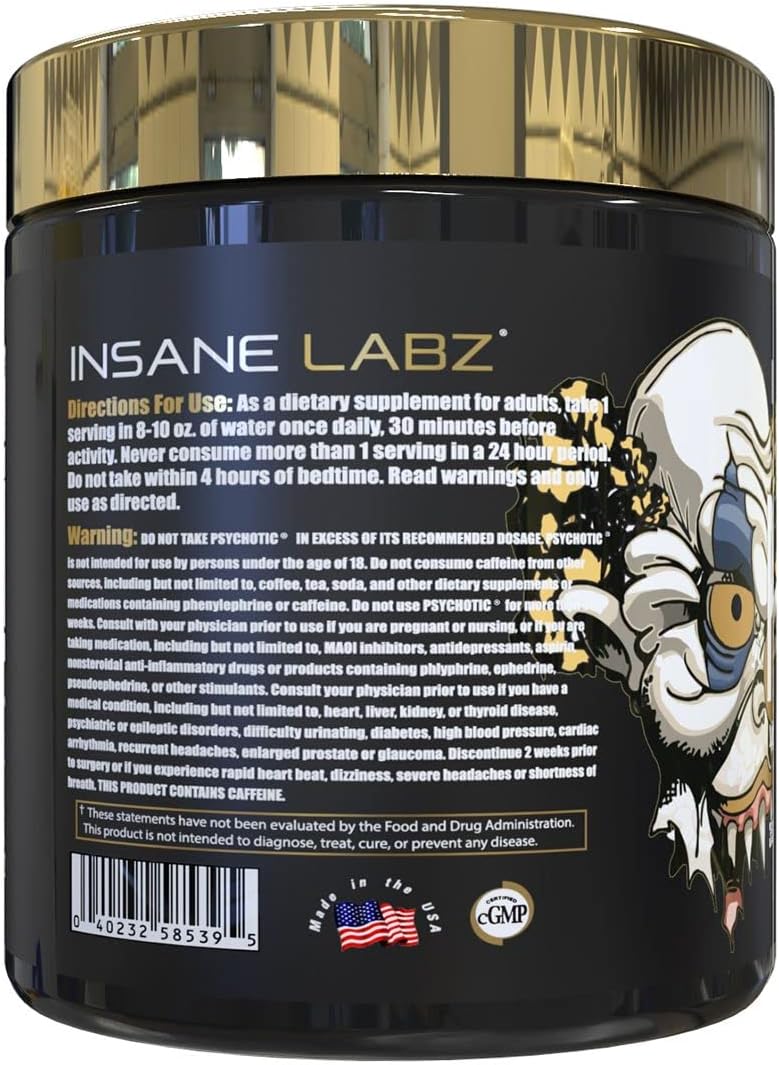 Insane Labz Psychotic Gold Pre Workout Powder - High Stimulant Formula for Lasting Energy, Focus, Pumps, and Endurance - Contains Beta Alanine, DMAE Bitartrate, and NO Booster - Orange Flavor - 35 Servings