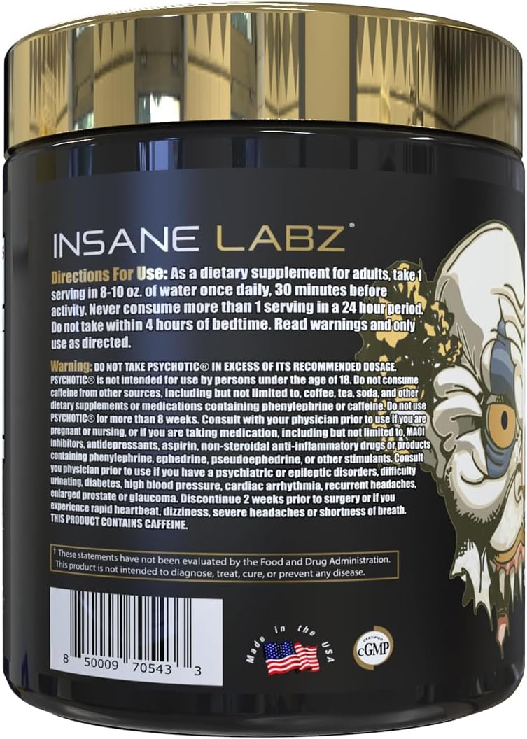 Insane Labz Psychotic Gold Pre Workout Powder - High Stimulant, Long-Lasting Energy, Endurance Boost with Beta Alanine, DMAE Bitartrate, NO Booster - Peach Mango Flavor (35 Servings)