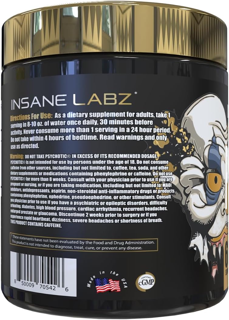 Insane Labz Psychotic Gold Pre Workout Powder - High Stimulant Energy, Focus, Pumps, Endurance - Beta Alanine, DMAE Bitartrate, NO Booster - 60 Servings Blue Punch