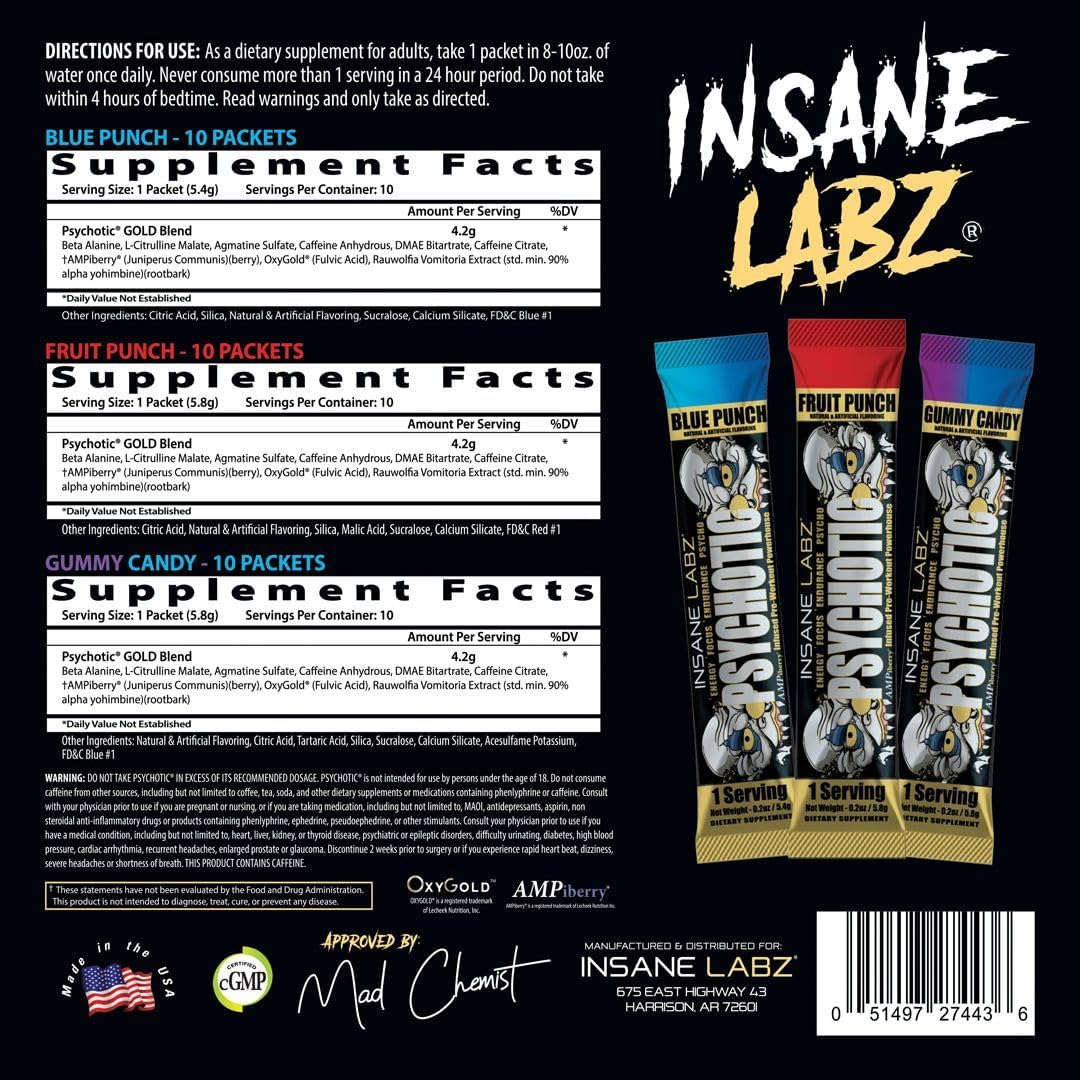 Insane Labz Psychotic Gold Pre Workout Powder - High Stimulant Formula for Extreme Energy, Focus, Pump, and Endurance - 30 Servings Variety Pack