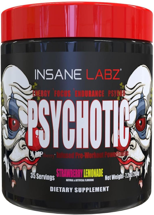 Insane Labz Psychotic Pre Workout Powder - High Stimulant, Long-Lasting Energy, Focus, Endurance - Beta Alanine, Creatine Monohydrate, DMAE - 35 Servings - Strawberry Lemonade Flavor