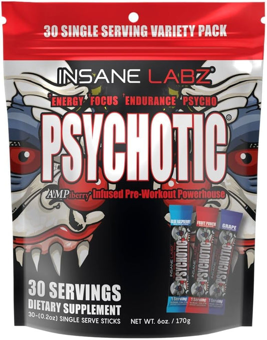 Insane Labz Psychotic Pre Workout Powder - High Stimulant, Extreme Energy & Focus, Beta Alanine, Creatine Monohydrate, DMAE - Variety (30 Servings)