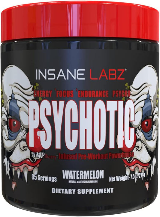 Insane Labz Psychotic Pre Workout Powder - High Stimulant Energy, Focus & Endurance - Beta Alanine, Creatine Monohydrate DMAE - Watermelon Flavor - 35 Servings
