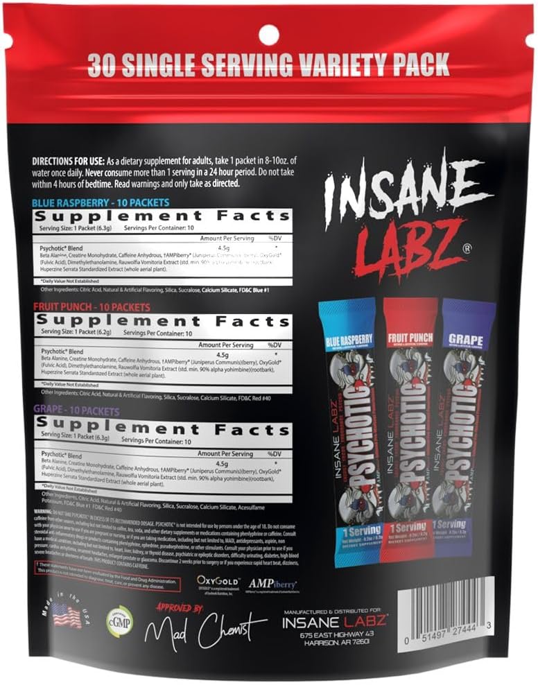 Insane Labz Psychotic Pre Workout Powder - High Stimulant, Extreme Energy & Focus, Beta Alanine, Creatine Monohydrate, DMAE - Variety (30 Servings)