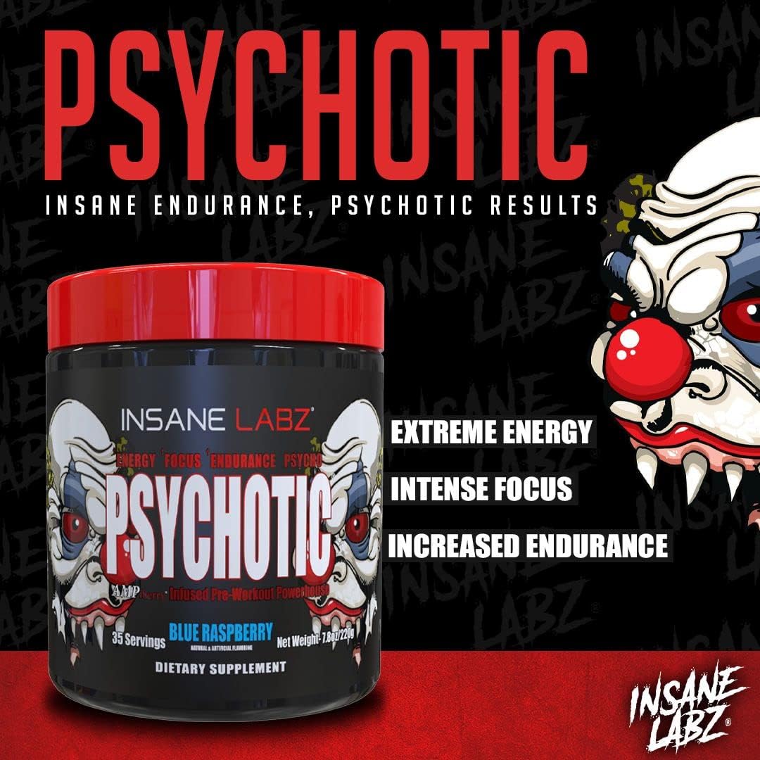 Insane Labz Psychotic Pre Workout Powder - High Stimulant Energy, Focus & Endurance - Beta Alanine, Creatine Monohydrate DMAE - Watermelon Flavor - 35 Servings
