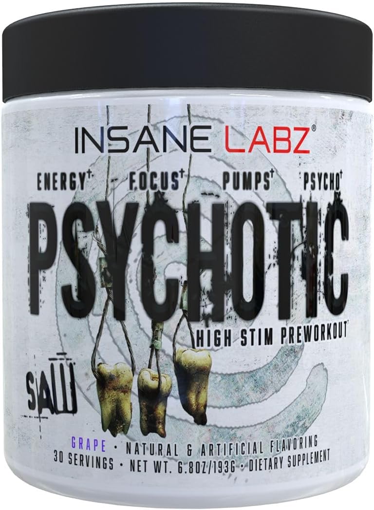 Insane Labz Psychotic Saw® Pre Workout Powder - High Stim with OxyGold™ & AMPiberry®, Lasting Energy, Focus, Endurance - 30 Srvgs, Grape