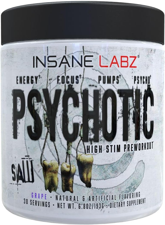 Insane Labz Psychotic Saw® Pre Workout Powder - High Stim with OxyGold™ & AMPiberry®, Lasting Energy, Focus, Endurance - 30 Srvgs, Grape