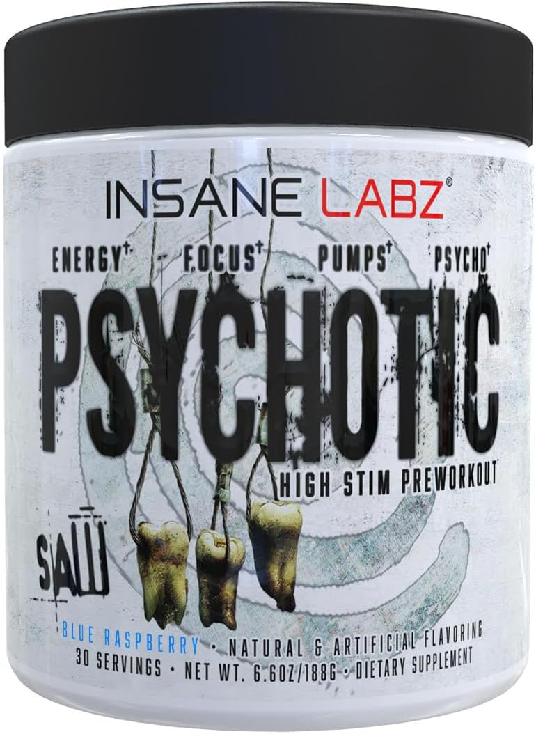 Insane Labz Psychotic SAW Pre Workout Powder - High Stim Energy, Focus, Endurance - 30 Servings Blue Raspberry