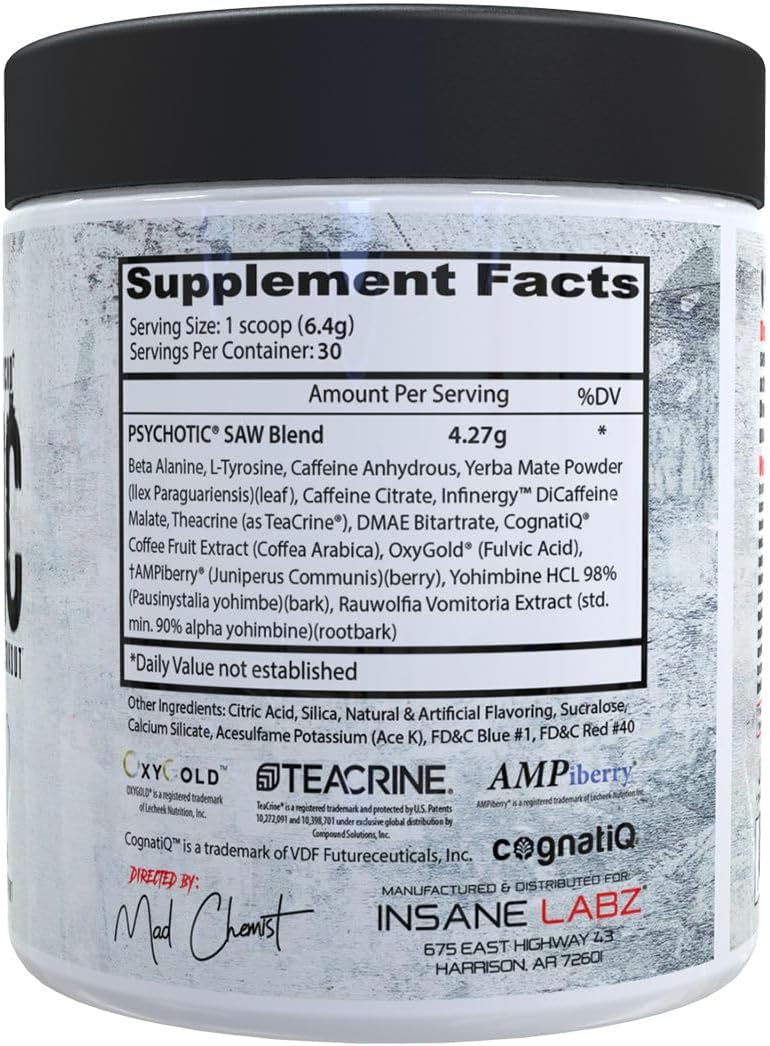 Insane Labz Psychotic Saw® Pre Workout Powder - High Stim with OxyGold™ & AMPiberry®, Lasting Energy, Focus, Endurance - 30 Srvgs, Grape