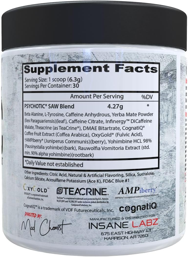 Insane Labz Psychotic SAW Pre Workout Powder - High Stim Energy, Focus, Endurance - 30 Servings Blue Raspberry