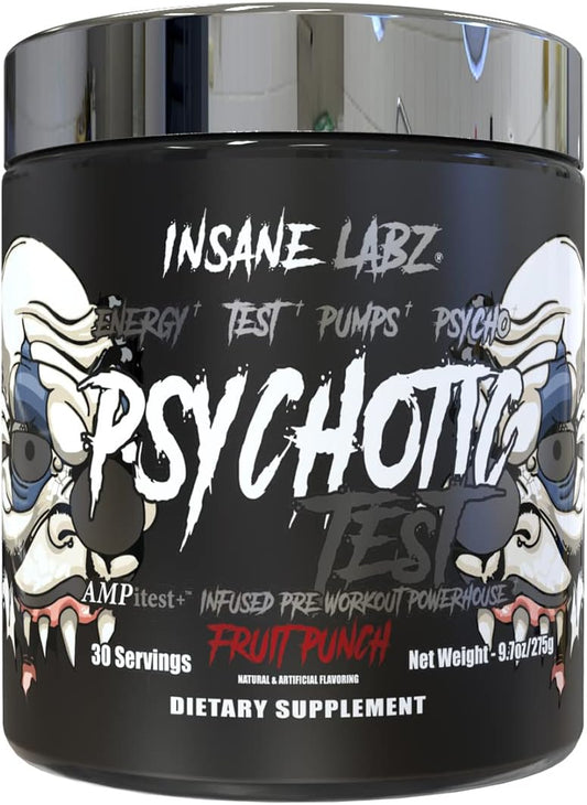 Insane Labz Psychotic Test Pre-Workout Powder - High Stim Testosterone Energy Boost - Fruit Punch Flavor, 30 Servings