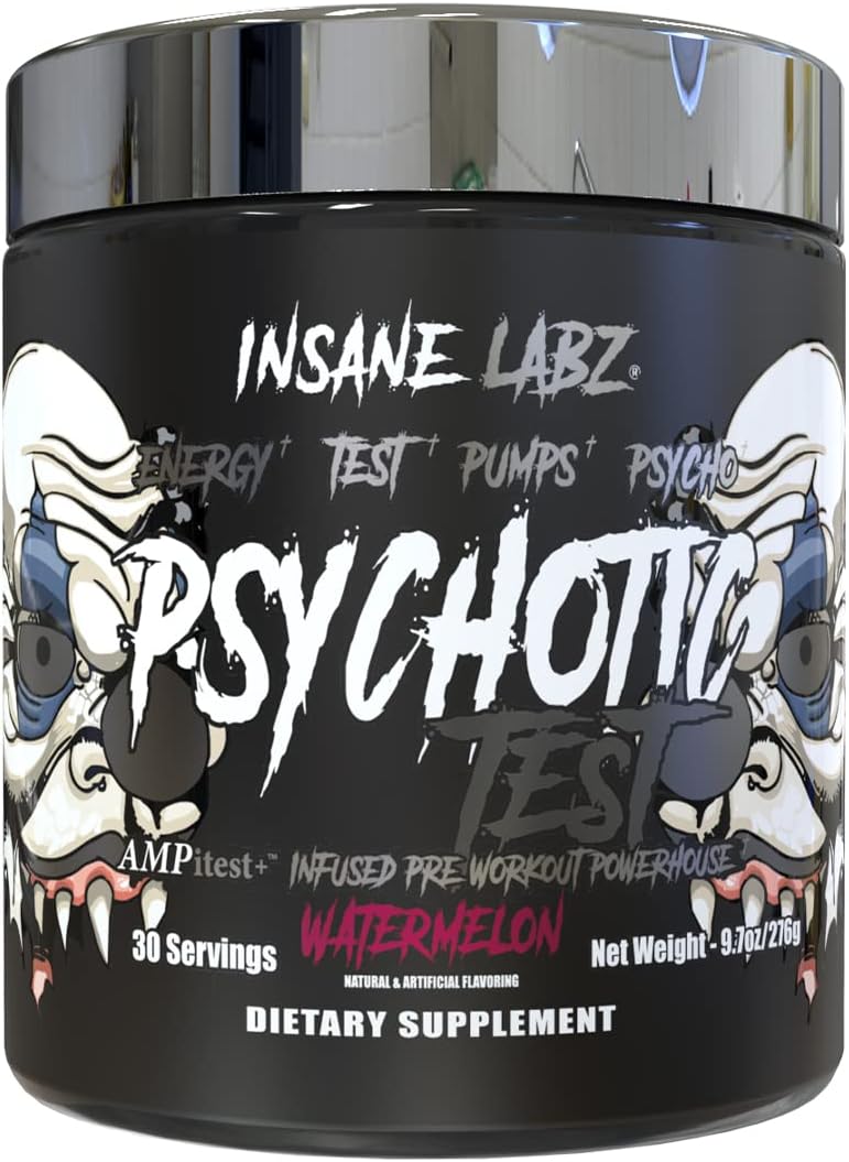 Insane Labz Psychotic Test Pre-Workout Powder - High Stim Energy Booster with Testosterone Support, Creatine, and Glycerol - Watermelon Flavor, 30 Servings