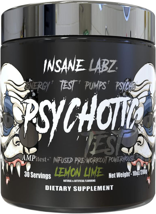 Insane Labz Psychotic Test Pre-Workout Powder - High Stim Strength & Stamina Enhancer with DMAE Bitartrate, D Aspartic Acid, Creatine HCL & Glycerol Monostearate - 30 Servings, Lemon Lime Flavor