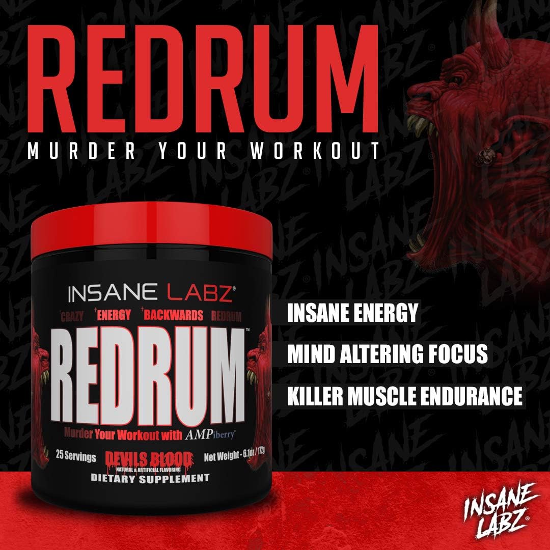 Insane Labz Redrum High Stim Pre Workout Powder with NO Booster, Beta Alanine, Agmatine Sulfate, Taurine - AMPiberry and OXYgold for Focus, Strength, and Recovery - Devil's Blood Black Cherry Flavor - 25 Servings - BoostGo Australia
