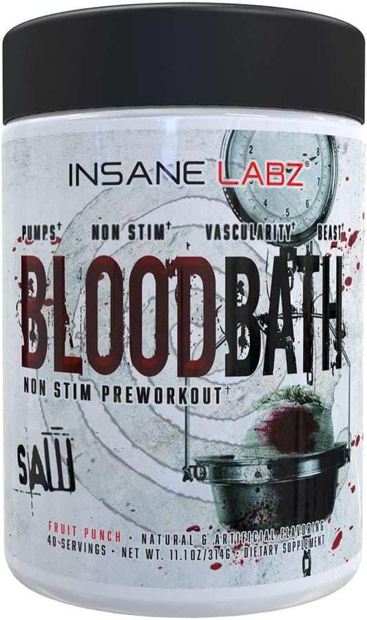 Insane Labz Saw® Bloodbath Non-Stim Pump Pre Workout Powder - Nitrosigine, OxyGold, Agmatine, L-Citrulline, Betainne (40 Servings, Fruit Punch)