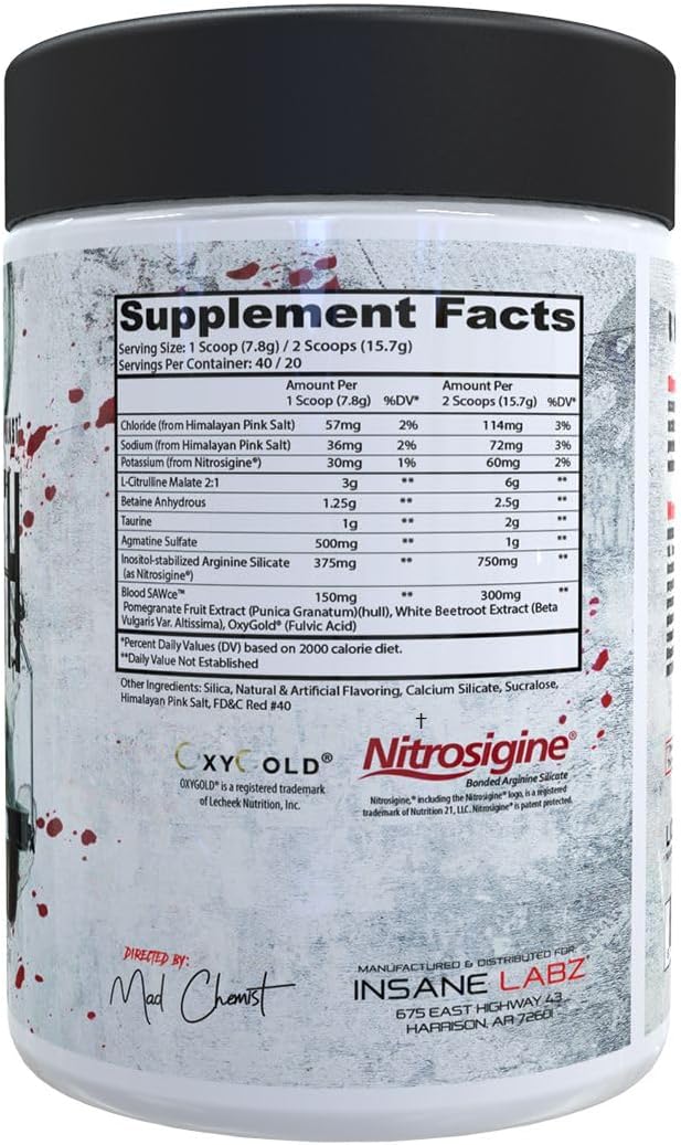 Insane Labz Saw® Bloodbath Non-Stim Pump Pre Workout Powder - Nitrosigine, OxyGold, Agmatine, L-Citrulline, Betainne (40 Servings, Fruit Punch)