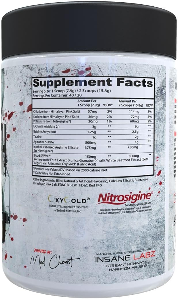 Insane Labz Saw® Bloodbath Non-Stim Pump Pre Workout Powder - Nitrosigine, OxyGold, Agmatine Sulfate, L-Citrulline, Betainne Anhydrous - 40 Servings - Grape Flavor
