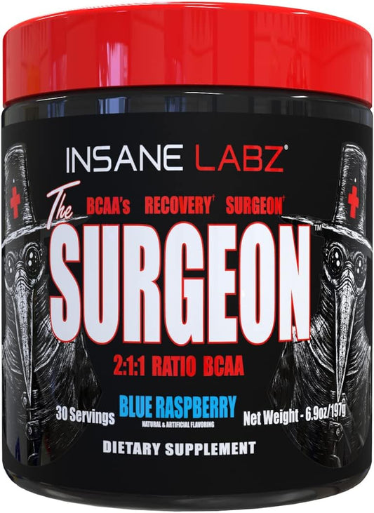 Insane Labz The Surgeon BCAA Recovery Powder - Blue Raspberry Flavor - 30 Servings for Muscle Recovery and Post Workout Drink