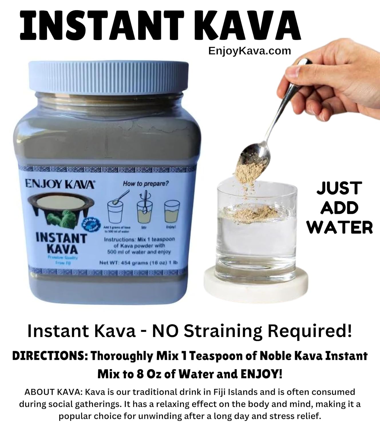 Instant Micronized Kava Powder - Convenient On-the-Go Option from Fiji - 1 LB Jar - EnjoyKava.com
