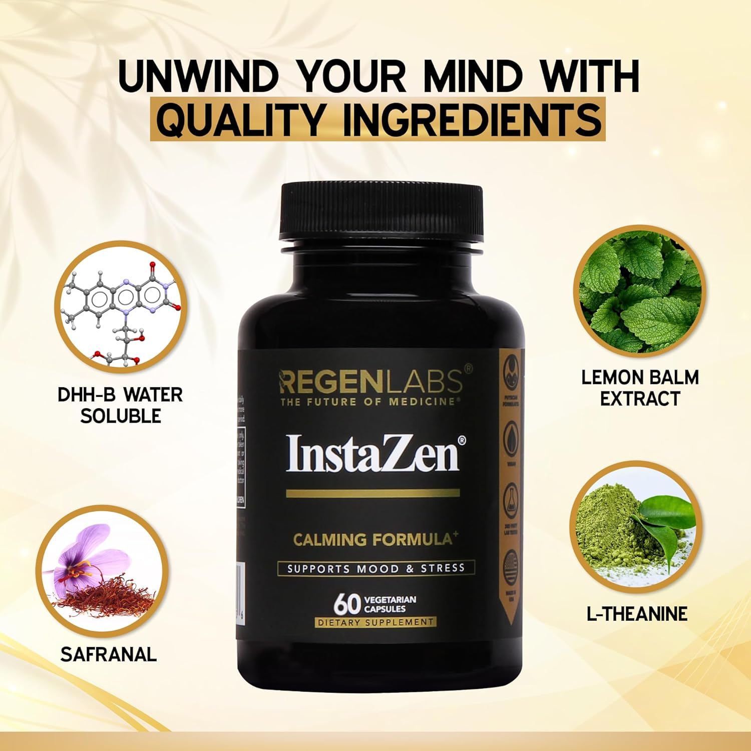 InstaZen Stress Relief Supplement - Doctor Approved Natural Mood Enhancer with DHHB, Safranal, L Theanine - 60 Capsules