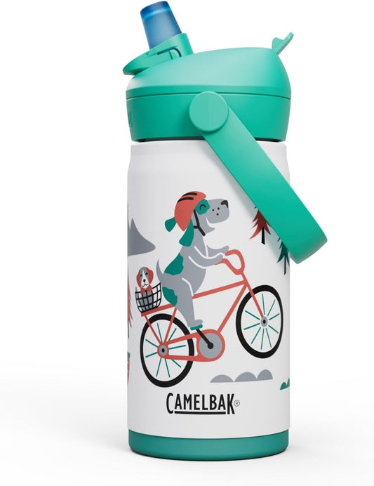 Insulated Stainless Steel 12oz CamelBak Thrive Kids Water Bottle with Flip Straw - Biking Dogs Design