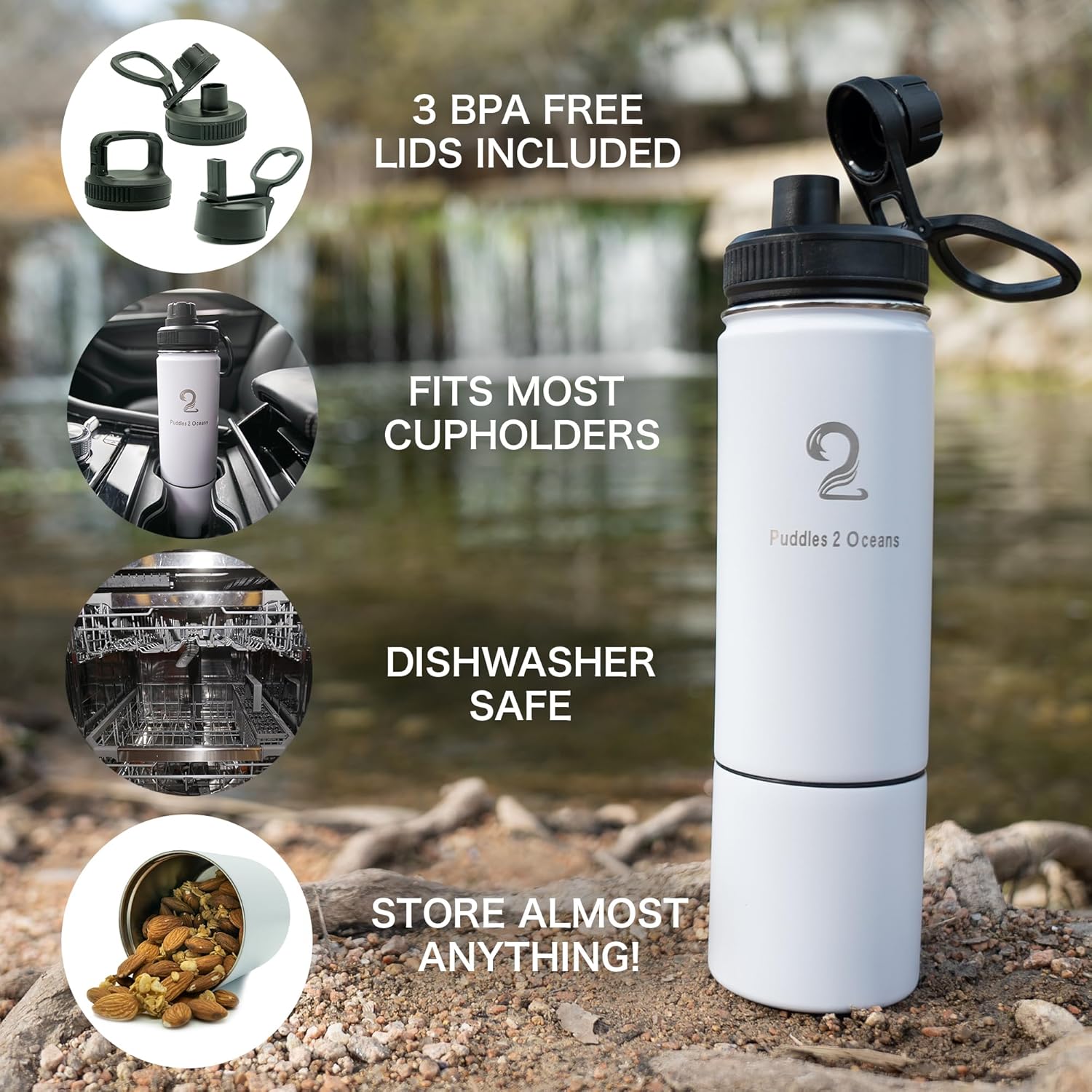 Insulated Stainless Steel Water Bottle with Storage - BPA Free, Leak Proof, Double Wall Tumbler for Gym, Hiking, School - 3 Lid Options, Travel Friendly for Kids & Adults