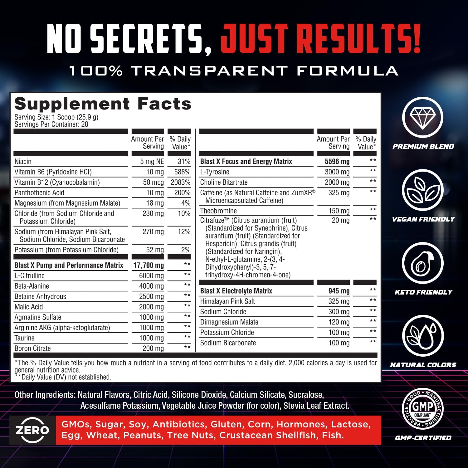 Intense Energy Booster Pre Workout Powder for Men & Women - Natural Caffeine, Beta Alanine, Citrafuze™, L-Citrulline & Taurine - Blast X Advanced Formula for Strength, Focus & Endurance