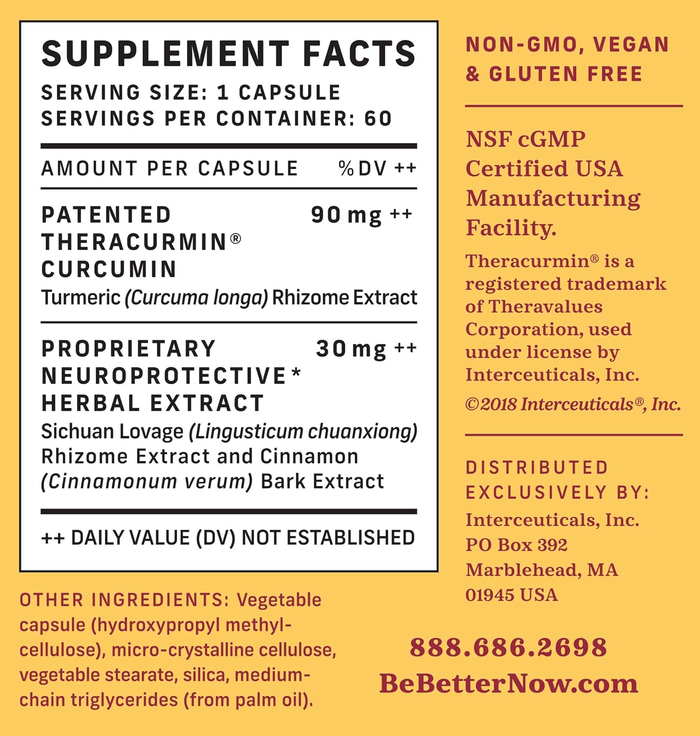 Interceuticals Theracurmin Curcumin 90mg for Better Memory - Clinically Proven Dose for Improved Focus, Recall, and Mood - High Absorption Turmeric Extract - 1 Bottle