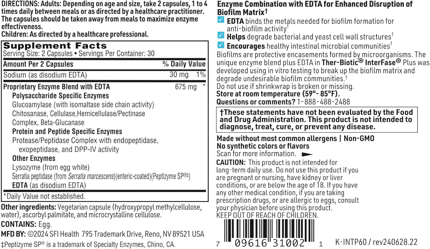 Interfase Plus by Klaire Labs: Enzyme Blend with EDTA for Biofilm Disruption - Gut Health and Detox Support (60 Capsules)