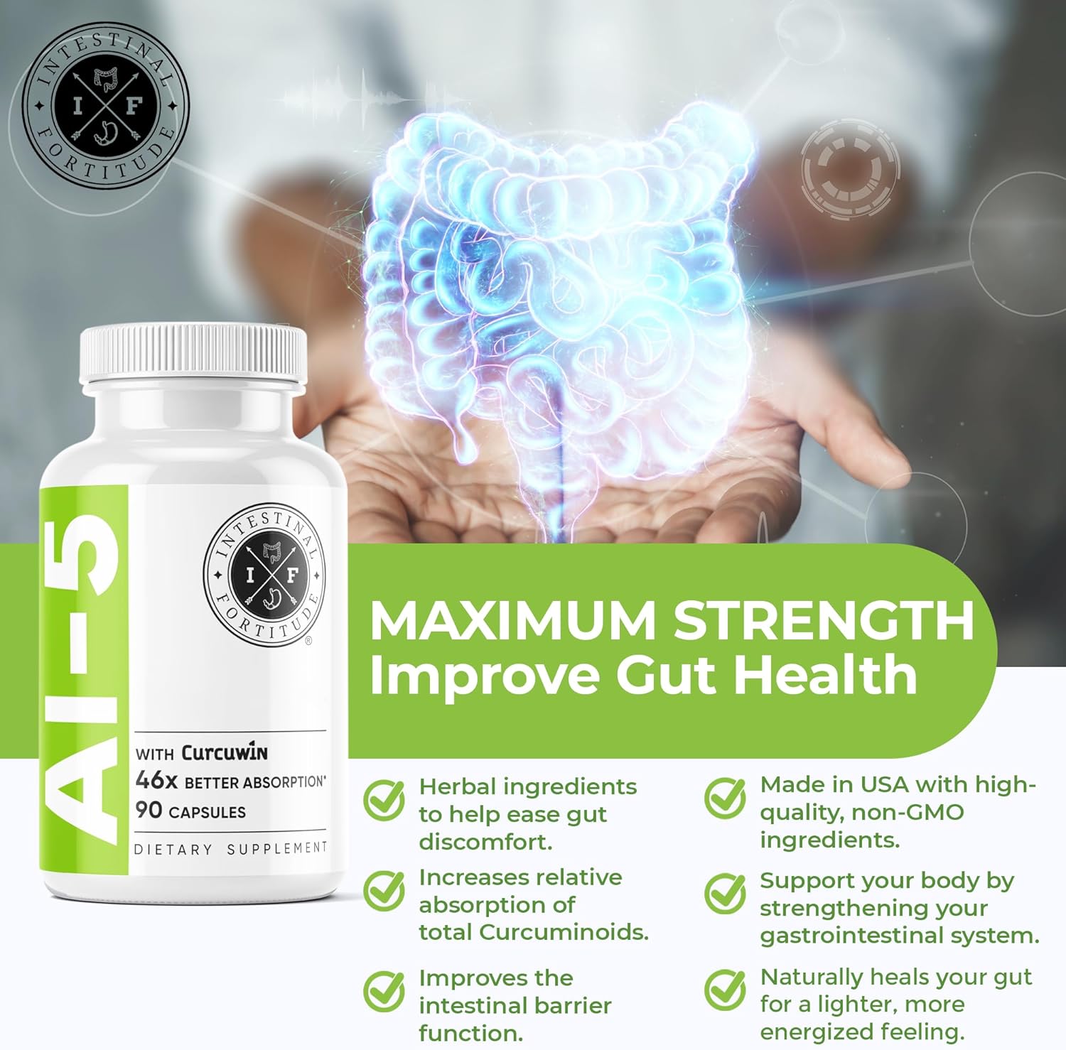 Intestinal Fortitude AI-5 Digestive Herbal Capsules with CurcuWIN, Turmeric, Boswellia Serrata, Ginger Root & Green Tea - Gut Health Support, Non-GMO & Dairy Free