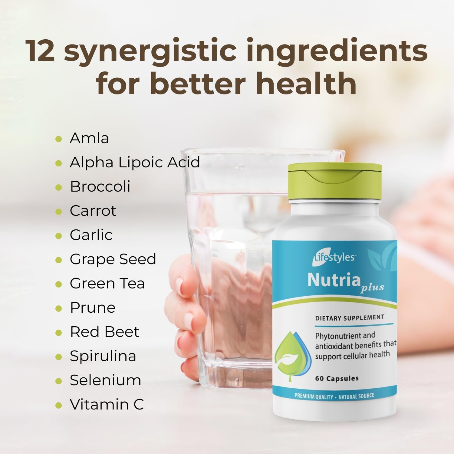 Intra Lifestyles NutriaPlus Antioxidant Supplement - Immune Support Multivitamin with Selenium, Vitamin C, Green Tea, Garlic - 60 Capsules