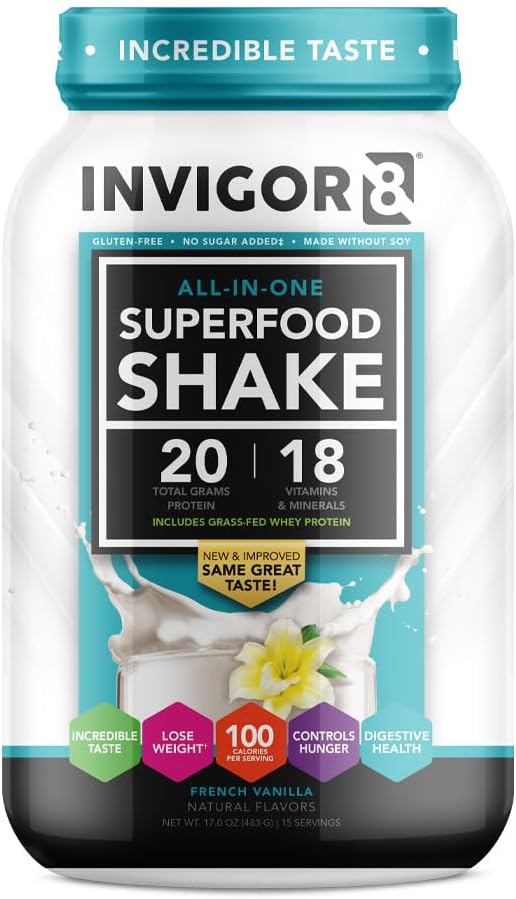 INVIGOR8 French Vanilla Grass Fed Whey Protein Isolate Shake (483g) - Gluten-Free, Non-GMO, Meal Replacement with Probiotics & Omega 3