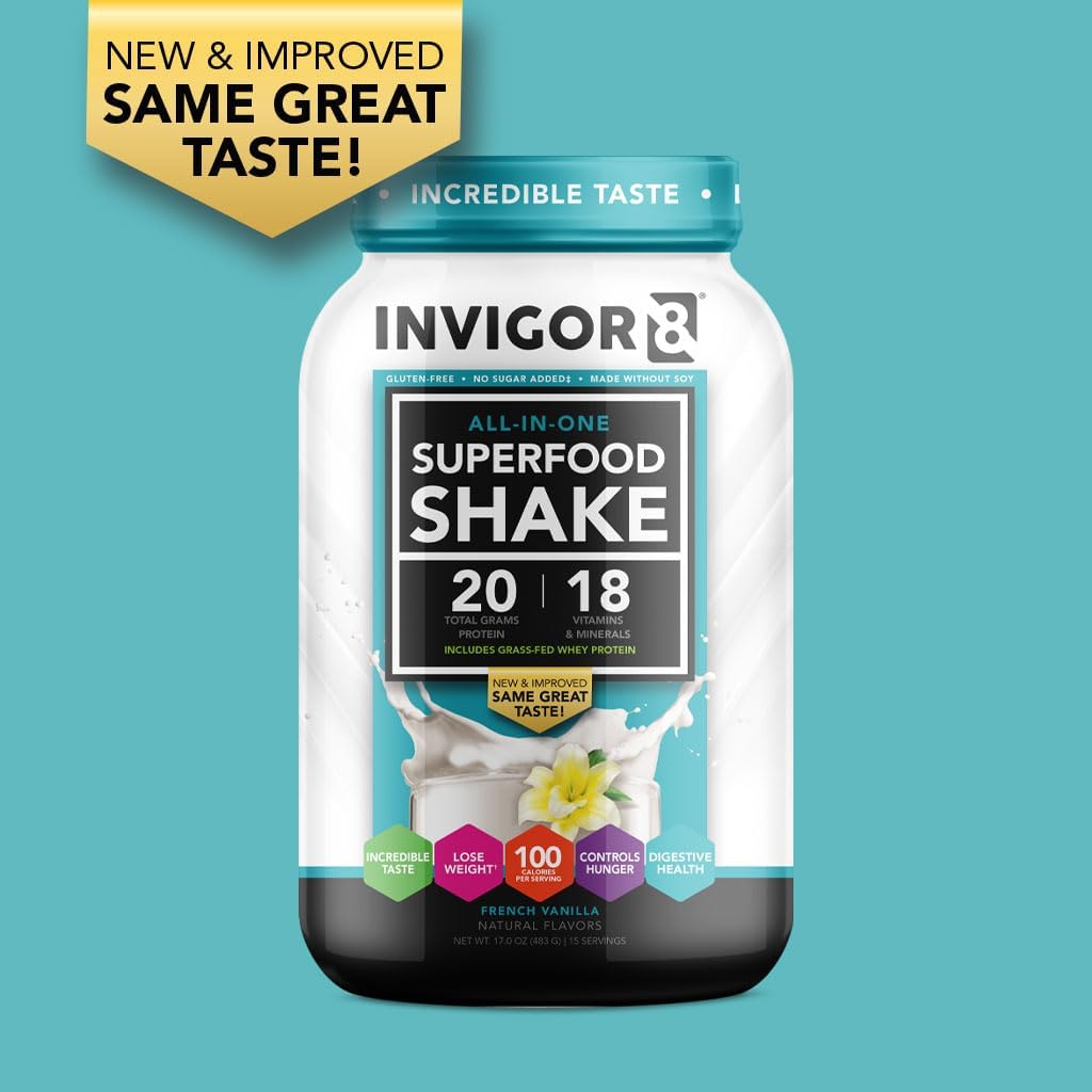 INVIGOR8 French Vanilla Grass Fed Whey Protein Isolate Shake (483g) - Gluten-Free, Non-GMO, Meal Replacement with Probiotics & Omega 3