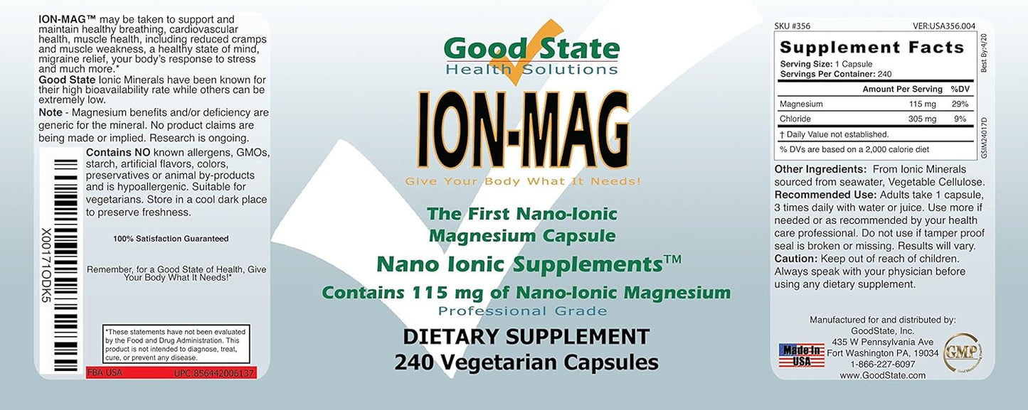 Ion-Mag Ionic Magnesium Chloride Supplement for Men and Women - 115mg per Capsule - 240 Veggie Capsules