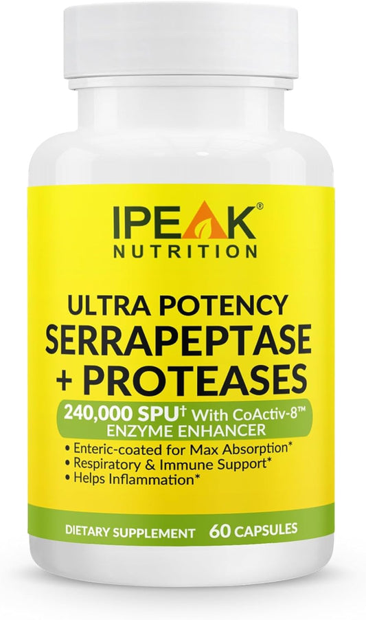 IPEAK Ultra Potency Serrapeptase & Proteases - Immune & Respiratory Boost - Sinus, Heart, Joint Support - Enteric-Coated - 60 Capsules