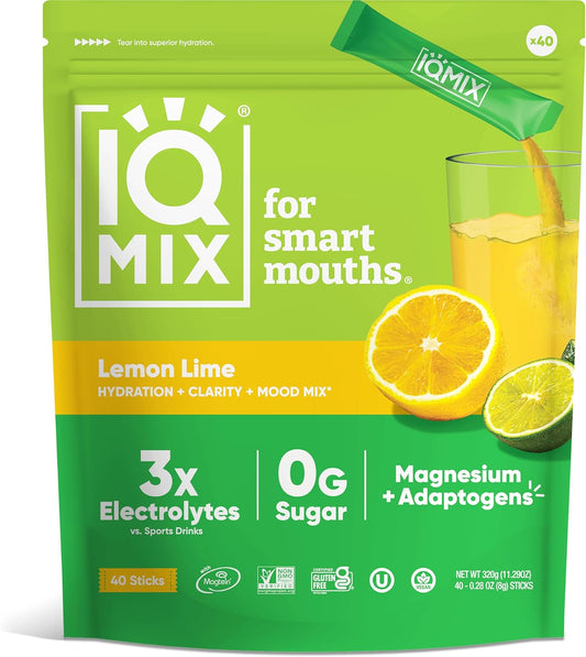 IQBAR IQMIX Electrolyte Powder Packets - Sugar Free Hydration Supplement with Keto Electrolytes, Lions Mane, Magnesium, and Potassium - Lemon Lime Flavor (40 Count)