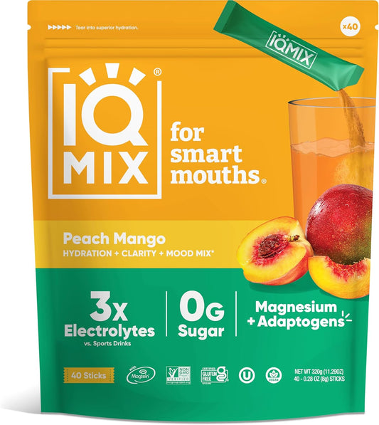 IQBAR IQMIX Peach Mango Electrolyte Powder Packets - Keto Hydration Drink Mix with Lions Mane, Magnesium, and Potassium (40 Count)