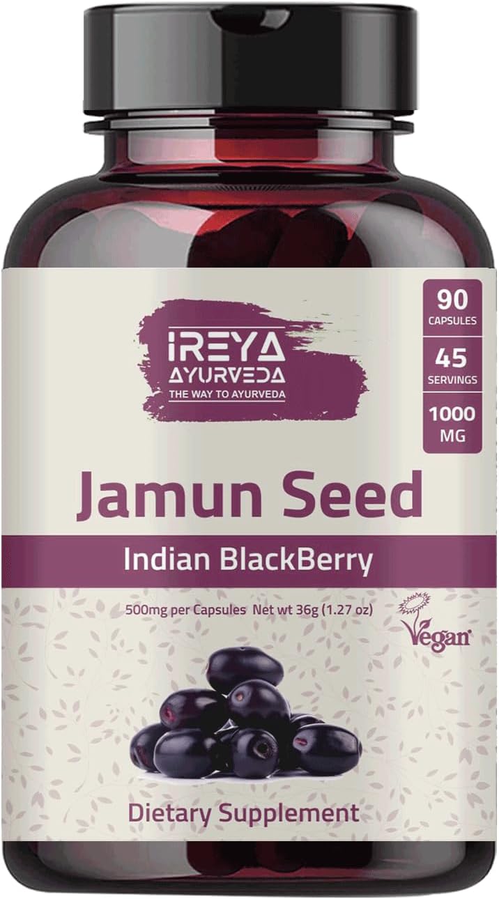 Ireya Ayurveda Jamun Seed Capsules 1000mg - 90 Capsules, 45 Days Supply - Indian BlackBerry Eugenia Jambolana Herbal Supplement